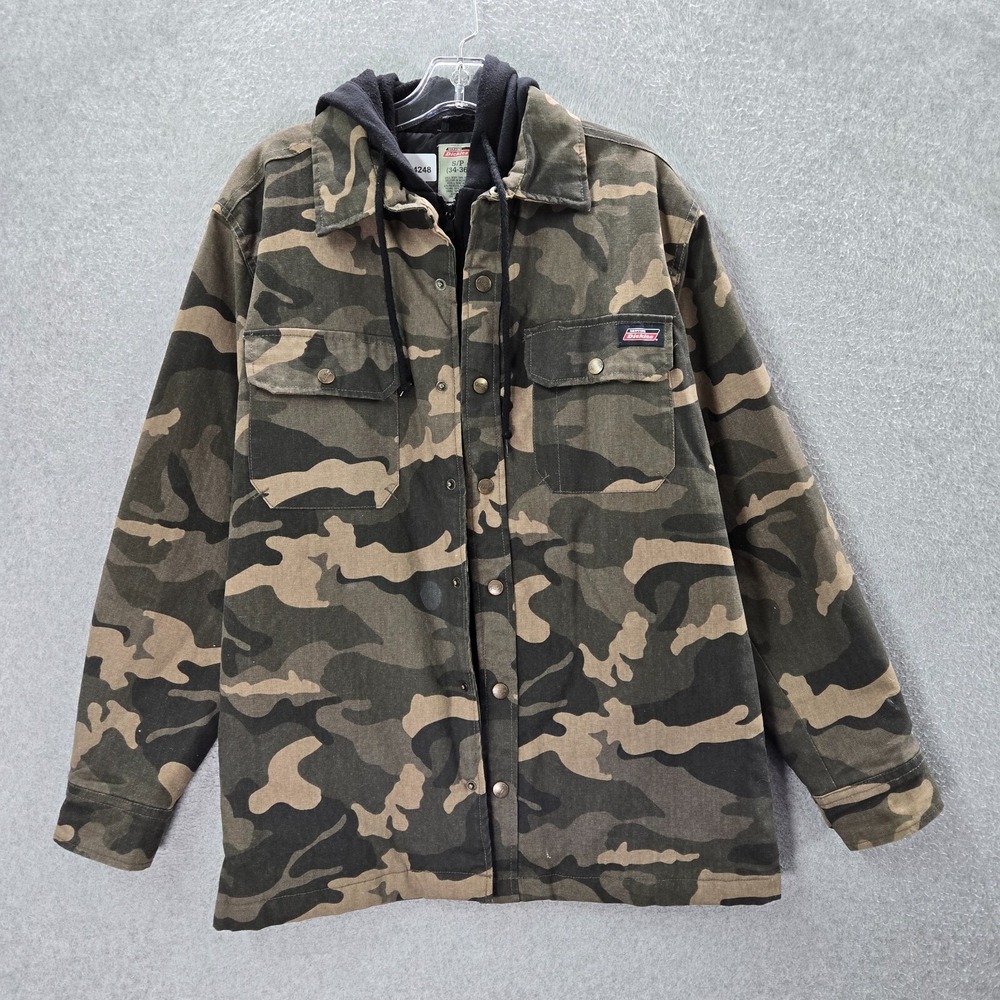 Dickies Men Jacket Small Green Camo Hoodie Water Repellent Duck Pockets READ